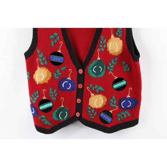 Vintage 90s Streetwear Medium Christmas Ornaments Knit Cardigan Sweater Vest - Picture 3 of 12